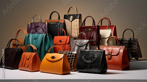 A photo of a curated collection of statement handbags