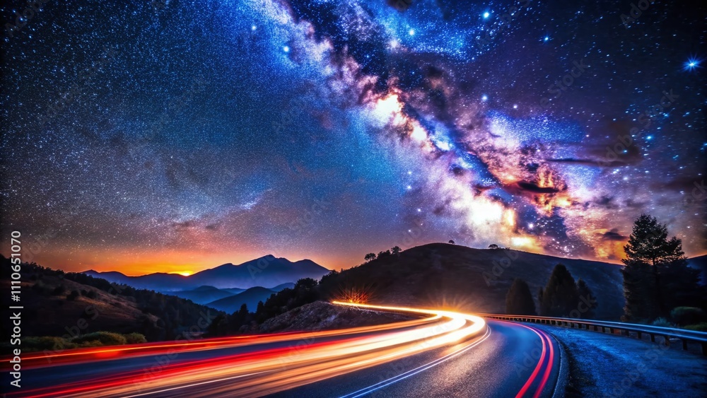 Captivating Night Sky with Milky Way and Stars Illuminating a Serene Road with Car Light Trails in a Candid Photography Style Captivating Night Sky with Milky Way and Stars Illuminating a Serene Road with Car Light Trails in a Candid Photography Style