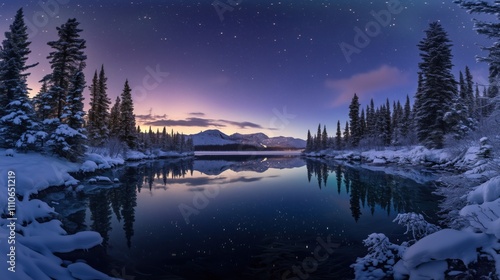 Nachtaufnahme von verschneiten Bergen