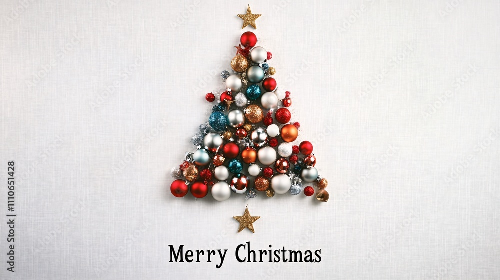 A Christmas tree made of different-colored balls and stars, with the words A Christmas tree made of different-colored balls and stars, with the words