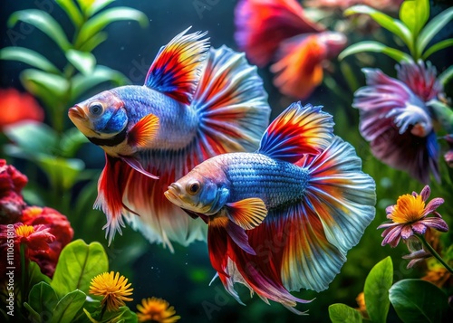 Captivating Panoramic View of Betta Splendens Galaxy Koi Swimming Gracefully Through a Vibrant Aquarium Environment