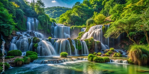 Captivating Panoramic View of a Multi-Level Waterfall Cascading Through Lush Green Bushes in Stunning Slow Motion, Showcasing Nature’s Beauty and Serenity