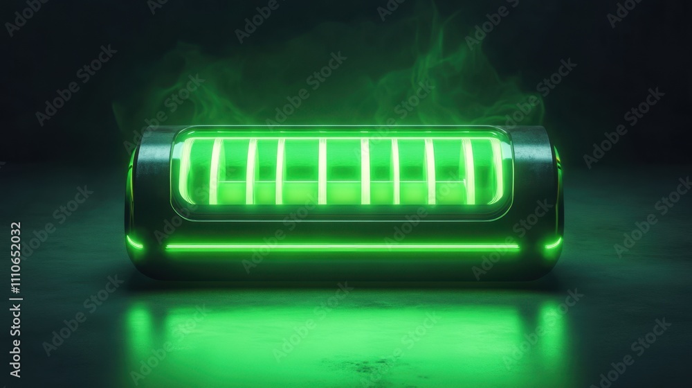 Bright green neon futuristic battery pack, a symbol of high energy efficiency and modern technology. Bright green neon futuristic battery pack, a symbol of high energy efficiency and modern technology.