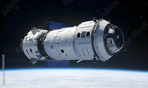 Wallpaper Mural Futuristic spacecraft orbiting Earth, showcasing advanced technology and space exploration.  A stunning view of a modern space station against the backdrop of stars and the planet's atmosphere. Torontodigital.ca