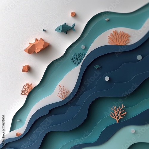 Layered paper ocean scene with detailed waves and marine life, vibrant blues and intricate coral details, [Paper art], [underwater paper sculpture] photo