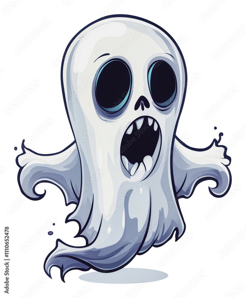 Ghost character floating with spooky expression, cut out - stock png. Ghost character floating with spooky expression, cut out - stock png.