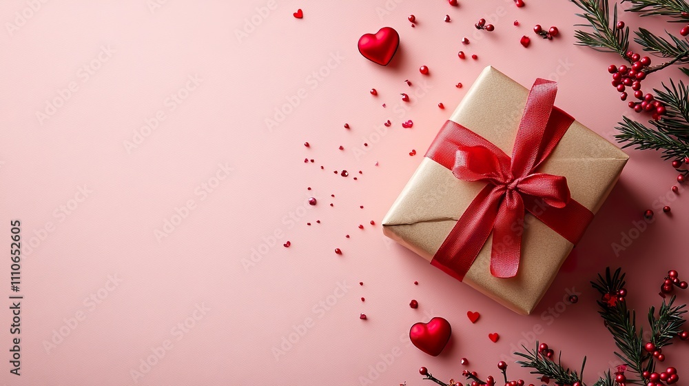 A Valentines Day Gift Wrapped In Gold With Red Ribbon A Valentines Day Gift Wrapped In Gold With Red Ribbon