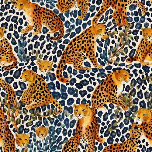 watercolor all over leopard pattern illustration Generative AI  photo