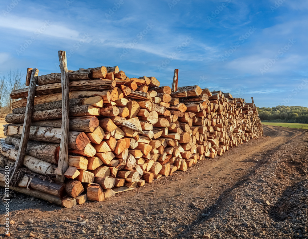 Stockage de bois de chauffage en extérieur, bûches de bois, ciel bleu Stockage de bois de chauffage en extérieur, bûches de bois, ciel bleu