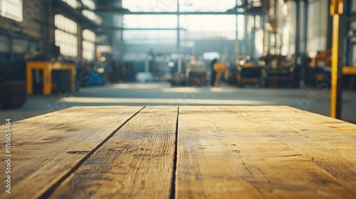 Wallpaper Mural Close-up of a wooden table with a hazy view of an industrial workshop bustling with activity in the distance. Torontodigital.ca