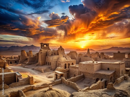 Captivating Ruins of Jiaohe: Exploring the Ancient Silk Road Town in China with its Desert Landscape, Crumbling Walls, and Historic Architecture Bathed in Golden Sunset Light photo