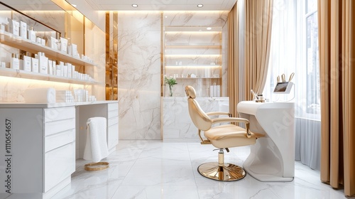 Fototapeta Naklejka Na Ścianę i Meble -  Luxurious private manicure room with silk curtains, golden nail tools, and high-end skincare products, [High-end manicure station], [exclusive beauty treatment]