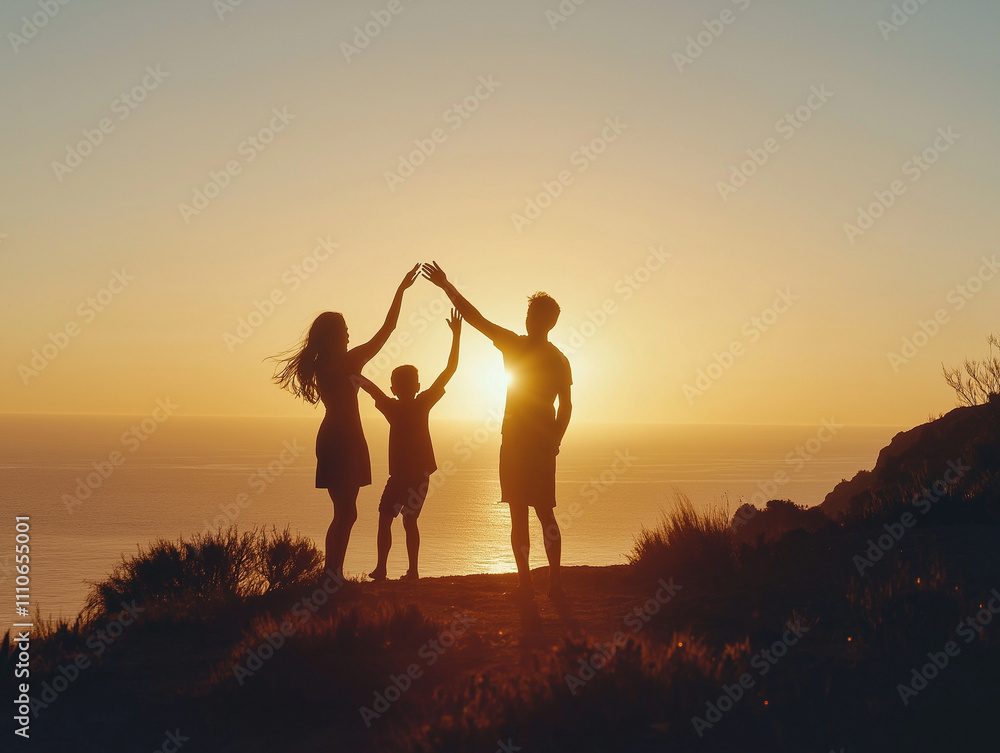 Fototapeta premium Silhouette of a happy family at sunset overlooking the ocean