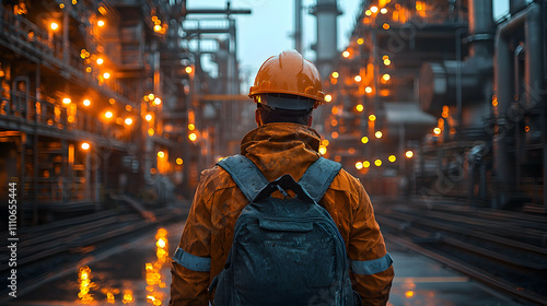 Worker Walks Through Illuminated Industrial Plant