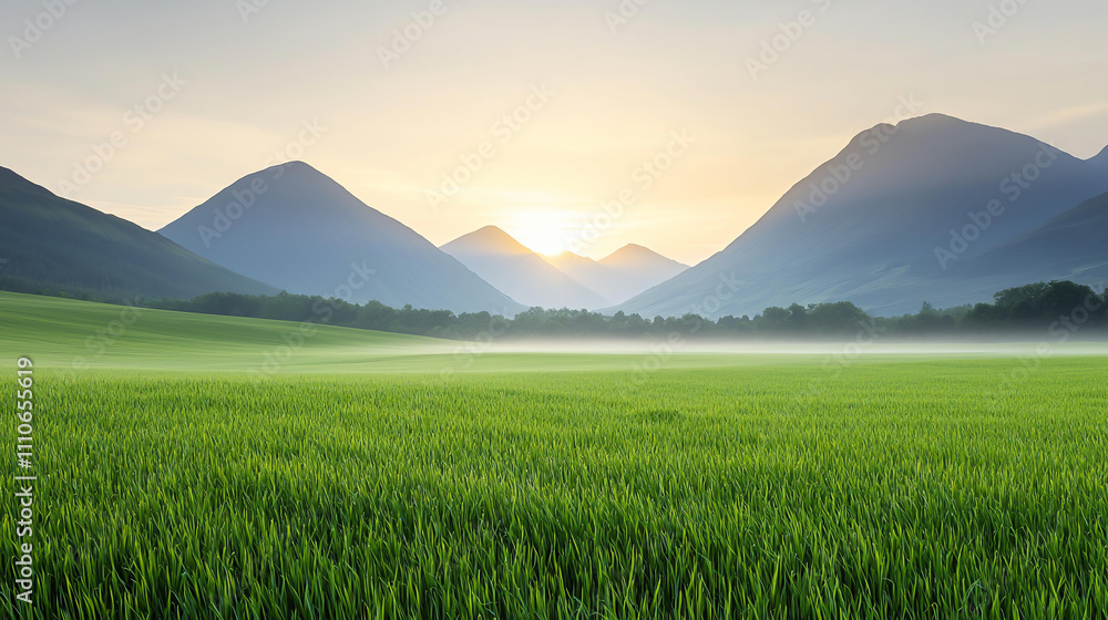 Fototapeta premium Landscape background Lush green valley at sunrise with mist hovering over mountains