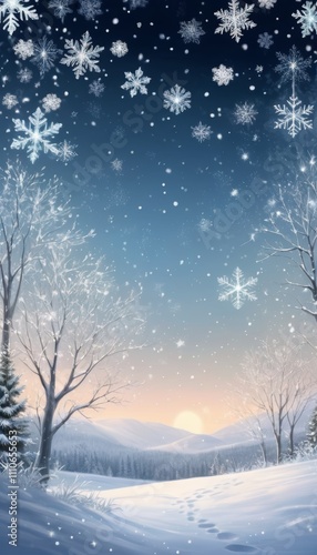 illustration of a snowy landscape illuminated in the morning with an almost magical light