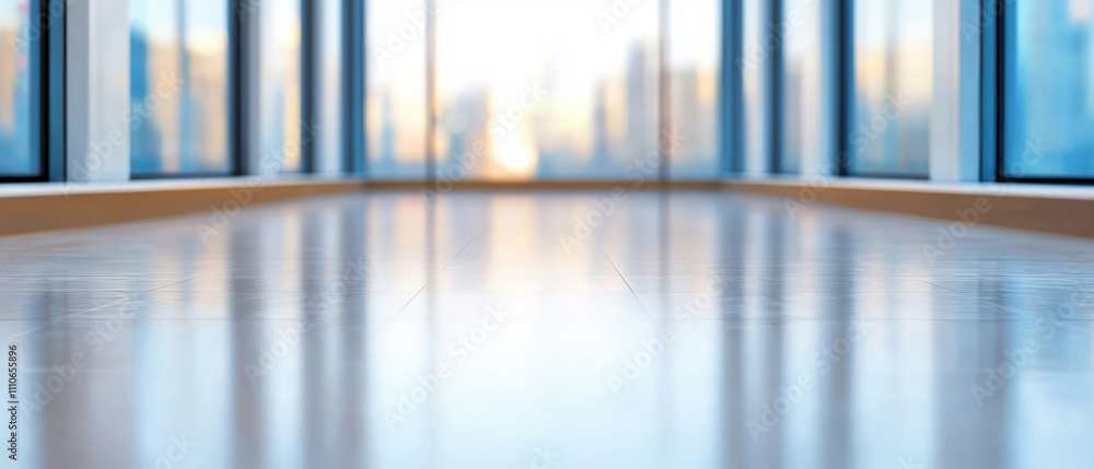 Modern interior space with a polished floor and large windows. Modern interior space with a polished floor and large windows.