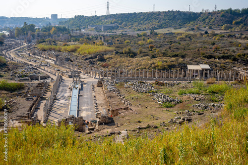 Rows of columns in Perge, Antalya, Turkey. Remains of colonnaded street in Pamphylian ancient city.Rows of columns in Perge, Antalya, Turkey. Ancient Kestros Fountain. Aksu, Antalya photo