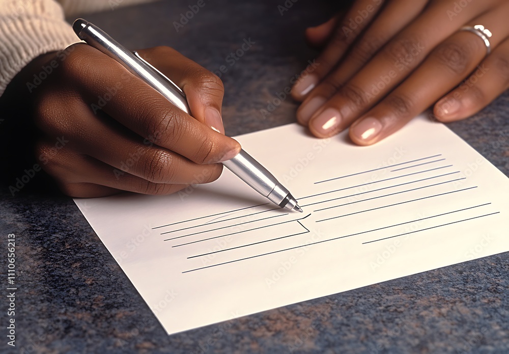 Person writing on a blank postcard with a pen Person writing on a blank postcard with a pen