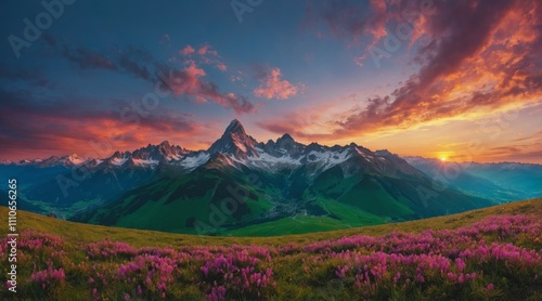 Majestic mountain landscape at sunset with vibrant pink flowers in foreground
