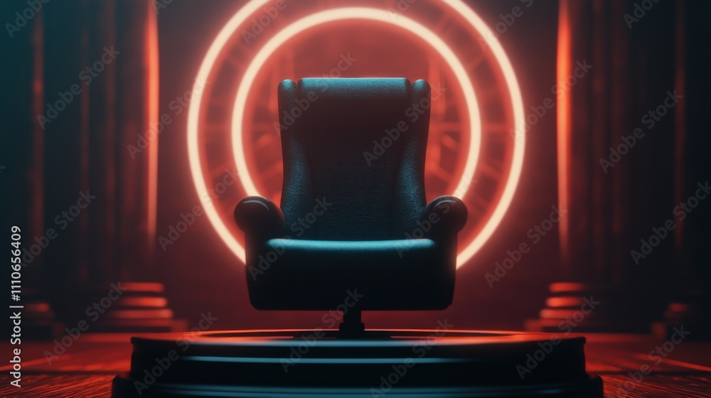 A mysterious, illuminated chair stands against a glowing circular backdrop, creating a dramatic and atmospheric scene. A mysterious, illuminated chair stands against a glowing circular backdrop, creating a dramatic and atmospheric scene.