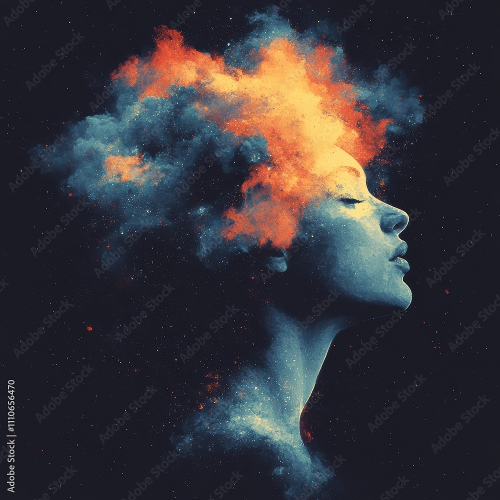 Surreal Portrait: A Woman's Profile with Fiery Cosmic Hair in Vibrant Colors, Ideal for Artistic and Inspirational Projects. Surreal Portrait: A Woman's Profile with Fiery Cosmic Hair in Vibrant Colors, Ideal for Artistic and Inspirational Projects.