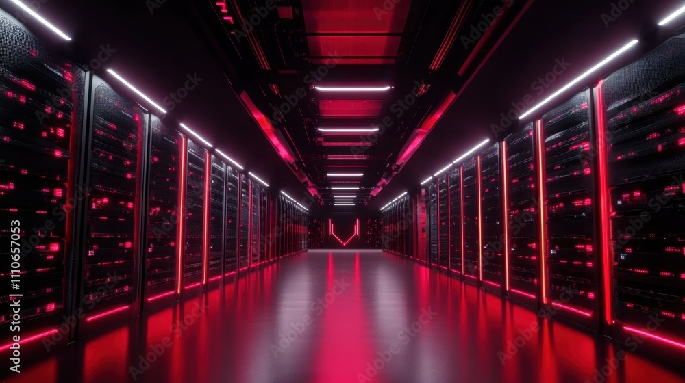 Long, narrow corridor lined with rows of gleaming servers, bathed in a dramatic red light Long, narrow corridor lined with rows of gleaming servers, bathed in a dramatic red light