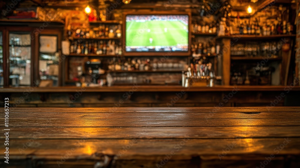 Empty wooden surface with faint pub lighting and a TV display of a soccer game in a bustling atmosphere. Empty wooden surface with faint pub lighting and a TV display of a soccer game in a bustling atmosphere.