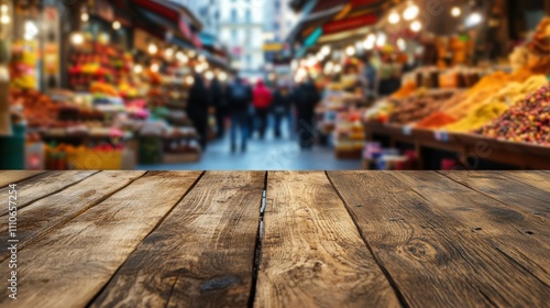 Empty wooden surface with visible grain, with a bustling, colorful spice market out of focus behind.