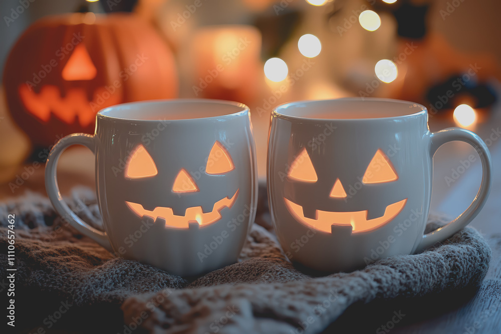Closeup of two white coffee mugs sitting next to each other, the background is Halloween-themed. Closeup of two white coffee mugs sitting next to each other, the background is Halloween-themed.