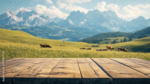 Empty wooden table foreground with a blurred Alpine landscape of grazing cows and majestic mountains.