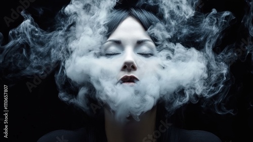 Woman with closed eyes is surrounded by swirling smoke, creating a mystical or ethereal atmosphere