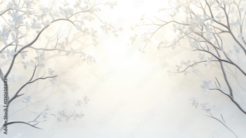 Serene winter scene with bare trees covered in snow against a misty white background Serene winter scene with bare trees covered in snow against a misty white background