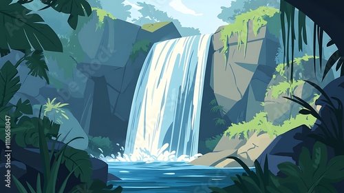 Majestic Waterfall Cascading into Clear Pool | Lush Greenery, Mist, and Rolling Hills in Awe-Inspiring Landscape