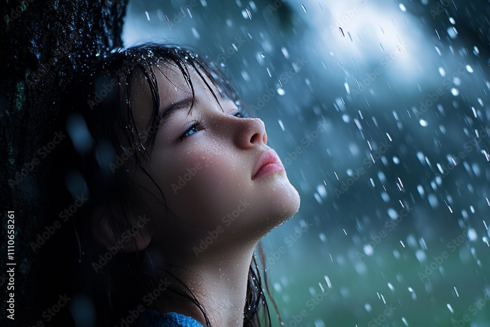 Raindrops dance on the skin of a dreamer lost in thought beneath an ancient tree during a tranquil afternoon shower