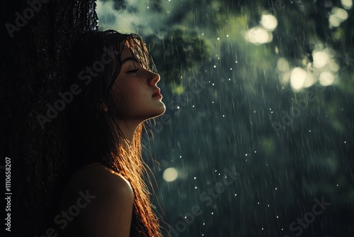 Obraz na płótnie Capturing a moment of tranquility as raindrops dance around a young woman standing beneath a tree in a serene forest setting w salonie