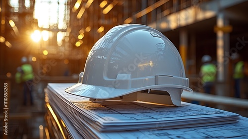 Construction safety action helmet on plans at construction site urban environment professional viewpoint