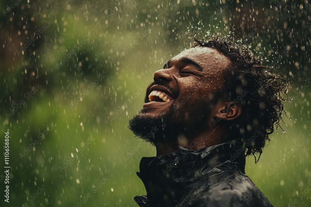 Joyful man embracing the rain, celebrating nature\'s beauty, and feeling alive amidst the refreshing downpour in a lush green environment
