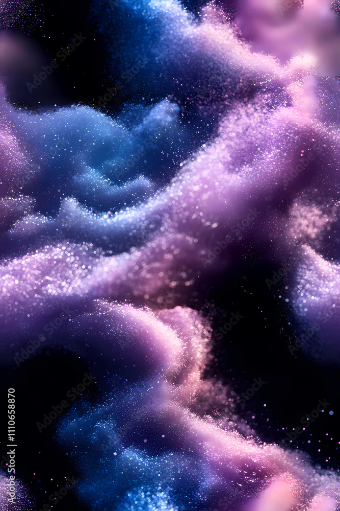 Fototapeta premium There is a gradient of blue and purple in the background, swirling white powder that has a blue glow.