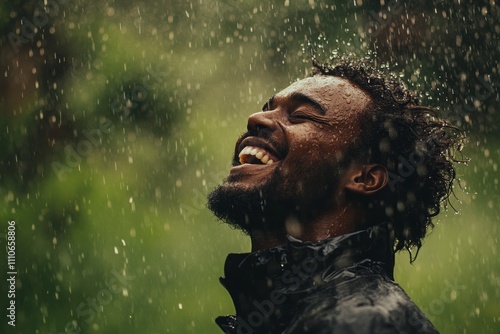 Joyful man embracing the rain, celebrating nature\'s beauty, and feeling alive amidst the refreshing downpour in a lush green environment photo