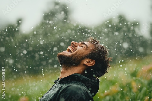Obraz na płótnie Joyful celebration of rain in a lush green landscape with a man reveling in the refreshing downpour w salonie