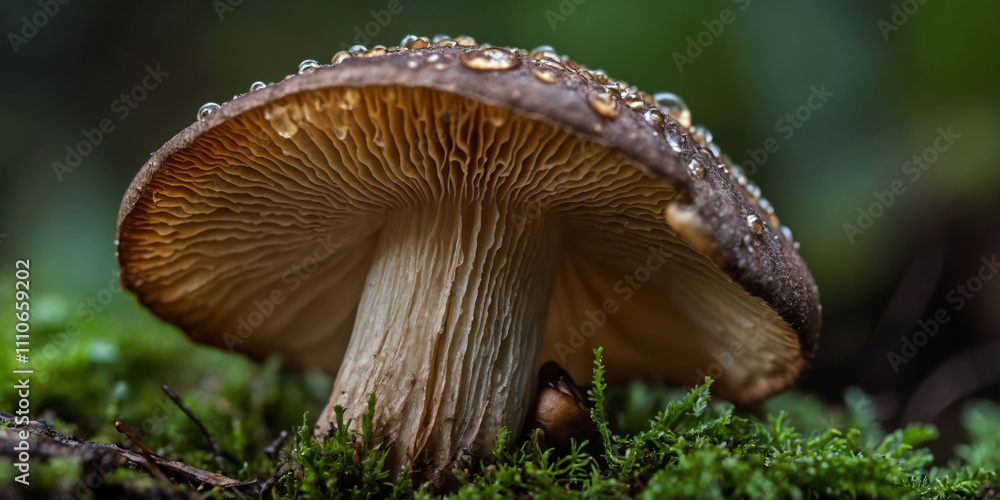 Fototapeta premium Mushroom with dew on its cap in a lush green forest setting