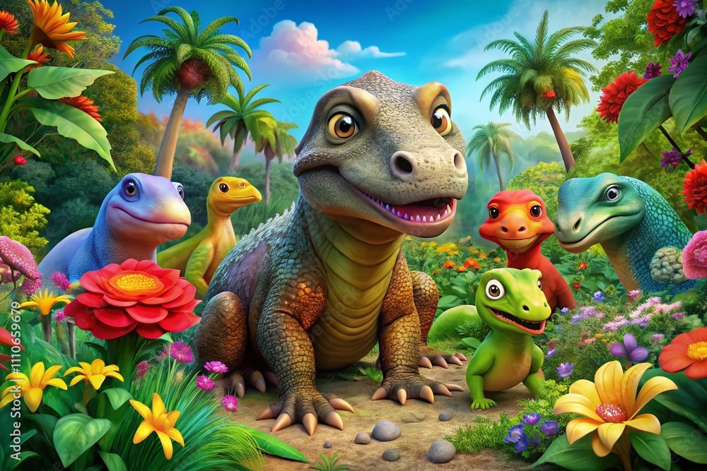 Naklejka premium Cartoon Komodo Dragon Character in a Vibrant Jungle Setting, Playful Personality, Bright Colors, Whimsical Style, Suitable for Children's Books and Educational Materials