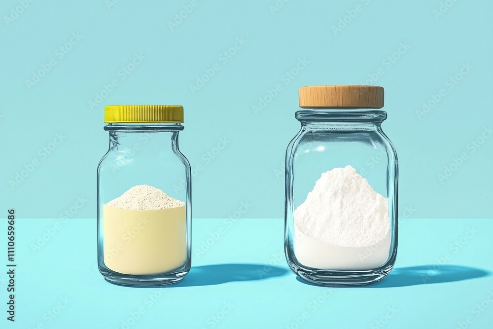 Glass Jars with Powder Kitchen Ingredients Baking Supplies Food Photography Glass Jars with Powder Kitchen Ingredients Baking Supplies Food Photography
