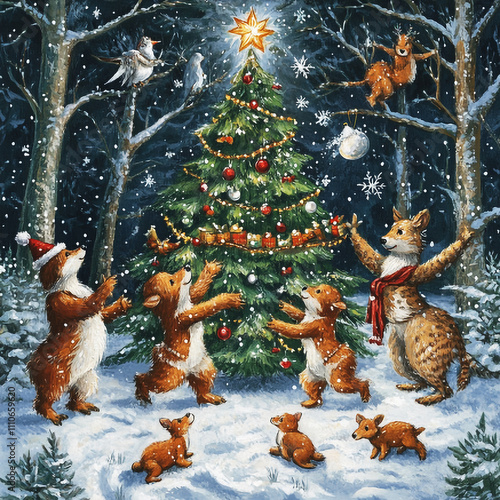 Festive Woodland Scene With Playful Animals Decorating a Christmas Tree in a Snowy Forest