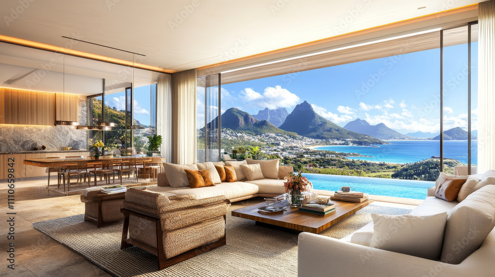 Obraz premium A 3D rendering of a modern living room showcasing expansive windows that frame breathtaking views of majestic mountains, a serene ocean, and a sparkling pool