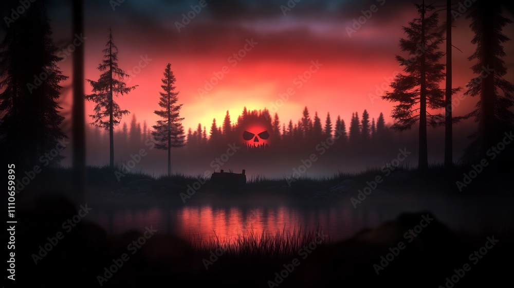 Spooky skull-shaped sunset over a dark forest lake. Spooky skull-shaped sunset over a dark forest lake.