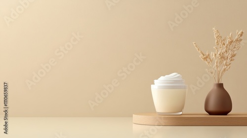 Elegant Still Life Composition Featuring Creamy Dessert in Glass Cup and Minimalist Vase with Dried Flowers on Neutral Beige Background