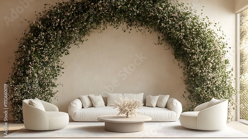 Elegant Living Room Mock-Up with White Sofa and Decorative Green Arch | Modern, Minimalist 3D Interior Design
