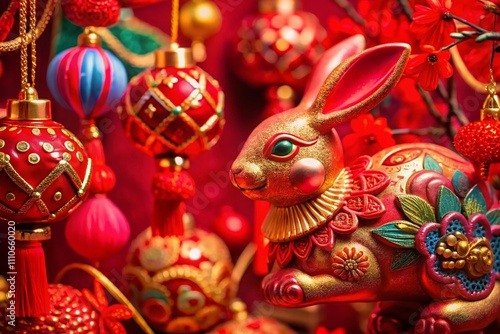 Celebrate the Chinese New Year 2023: Year of the Rabbit with a Vibrant Red Background, Capturing Traditional Elements and Festive Spirit of Lunar Zodiac Celebrations